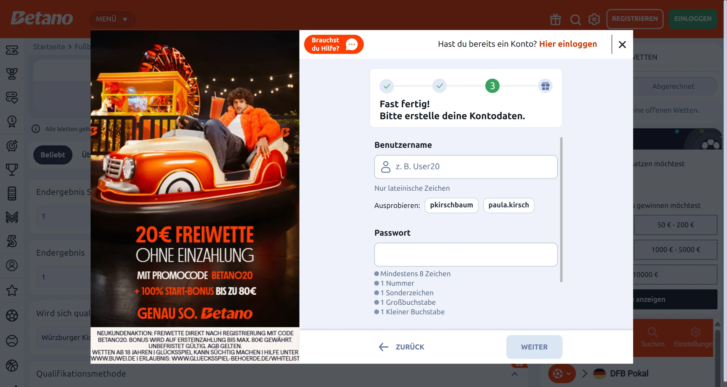 Erster Schritt des Registrierungsformulars von Betano auf dem Desktop. Das Formular fordert zur Eingabe von E-Mail-Adresse, Vorname und Nachname auf. Links wird ein Werbebanner mit einem Mann im Autoscooter und der Aufschrift 