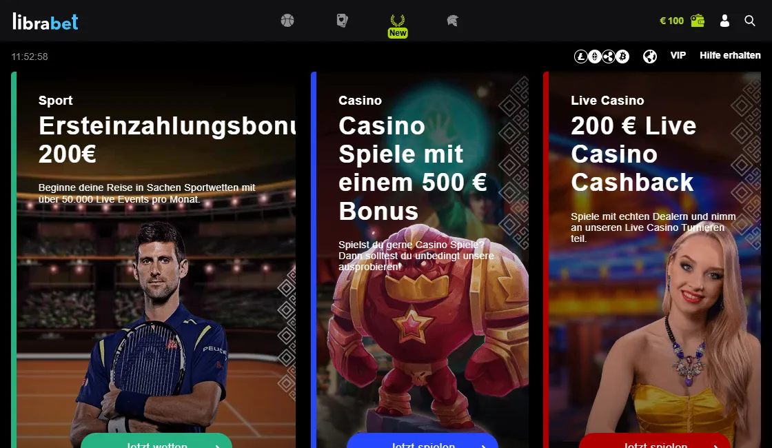 Startseite von Librabet im Dark Mode mit drei Hauptangeboten nebeneinander:sportwetten-bonus-vergleich-6.webp